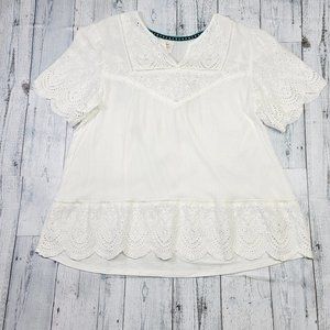 KNOX Rose Embroidery Scallop Trim White Blouse
